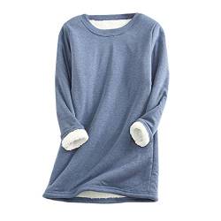 Angebote Des Tages Heute, Pullover Damen Einfarbig Langarm Teddy Fleece Sweatshirt Warmer Plüsch Gefütterte Pulli Ohne Kapuze Casual Rundhals Damen Pullover Winter Weißes Langarmshirt Damen(Blue,L) von LUNULE