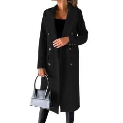 Angebote des Tages Heute Damen, Wollmantel Damen Herbstjacke Damen Elegant Zweireihiger Trenchcoat Elegante Langer Jacke Mantel Einfarbig Langarm Wollmantel Leichte Winterjacke (Schwarz,L) von LUNULE