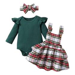 LUVCES Baby Mädchen Herbst Winter Röcke Sets Rüschen Langarm Strampler Top Plaid Rock Infant Overalls Hosenträger Kleid Kleidung Outfits Grün Plaid 12-18 Monate von LUVCES