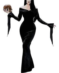 LVCBL Damen Morticia Addams Bodenkleid Kostüm Gothic Vintage Kleid Solides Langarmkleid für Halloween Karnevalsparty XS von LVCBL