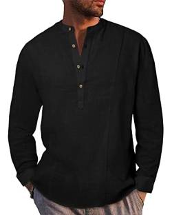 LVCBL Herren Leinehemd Langarm Freizeithemd Sommerhemd Regular Fit Casual Henley Shirts Schwarz L von LVCBL