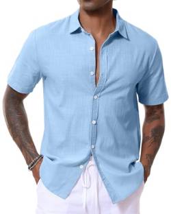 LVCBL Herren Leinenhemden Kurzarm Casual Baumwolle Button Down Shirt Sommer Strand Tops Regular Fit, blau, M von LVCBL
