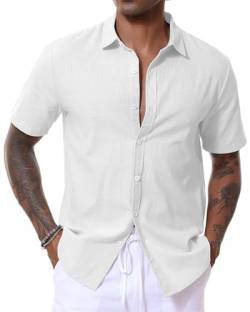 LVCBL Herren Leinenhemden Kurzarm Casual Baumwolle Button Down Shirt Sommer Strand Tops Regular Fit, weiß, XL von LVCBL