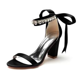 LVTFIYQX Frauen Offene Zehe Strass Hofschuhe Damen Rückenfrei Satin Riemchen Sexy Hoch Weiß Braut Braut Chunky Schuhe,Schwarz,42 EU von LVTFIYQX