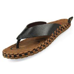 LXJYDN Sandalen Men Soft Leather Flip Flops Casual Non-Slip Beach Sandals-Black-41 von LXJYDN