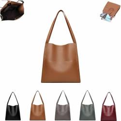 Cryptofouss Solid Color Simple Genuine Leather Shoulder Bag, Waterproof Large Capacity Handbag, Casual Soft Leather Handbag (Khaki) von LXSNZARUY