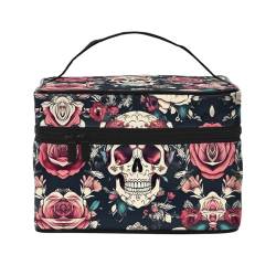 LXqlSS Make-up-Tasche mit Blumen-Totenkopf-Ornament-Muster, tragbare Reise-Kosmetiktasche für Damen, Beauty-Reißverschluss, Make-up-Organizer, PU-Leder, waschbar, wasserdicht, Schwarz, Einheitsgröße, von LXqlSS