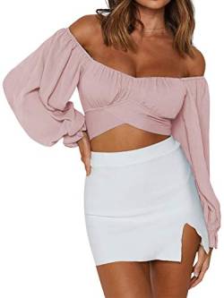 LYANER Damen-Bluse mit Knoten, schulterfrei, langärmelig, zum Selbstbinden, bauchfreies Oberteil, rose, Mittel von LYANER