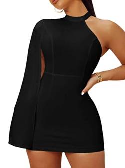 LYANER Damen One Shoulder Cloak Langarm Bodycon Sexy Party Club Minikleid, schwarz, Mittel von LYANER