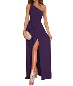 LYANER Damen One Shoulder High Split Ärmelloses gerüschtes Cocktailkleid Sexy Maxi Langes Kleid, Dunkles Violett, Mittel von LYANER