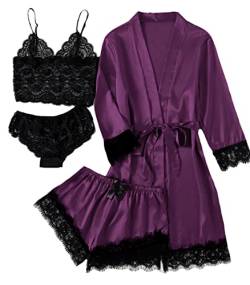 LYANER Damen-Pyjama-Set mit Spitzenbesatz, Satin, Blumenmuster, 4 Stück, deep purple, S von LYANER