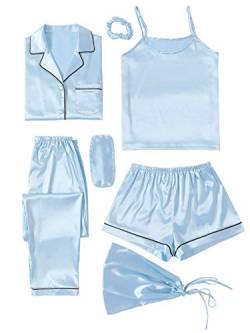 LYANER Damen-Schlafanzug-Set, 7-teilig, Seiden-Satin, Nachtwäsche, Loungewear, Cami-Shirt, Pyjama-Set, Himmelblau, M von LYANER