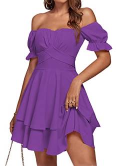 LYANER Damen Schulterfreies Minikleid Freizeitkleid mit Rüschen und kurzen Ärmeln, violett, X-Klein von LYANER