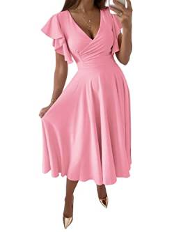 LYANER Damen Warp V Ausschnitt Rüschen Kurzarm A Linie Swing Ausgestellt Cocktail Party Midi Kleid, Pink, Mittel von LYANER