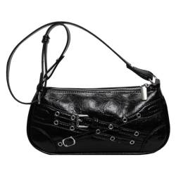 LYEAA Damen PU-Umhängetasche im Gothic-Stil, verstellbarer Riemen, cooler Stil, halbmondförmige Tasche, einfarbig, Punk-Stil, Hobo-Tasche, Reißverschluss, stilvolle Umhängetasche von LYEAA