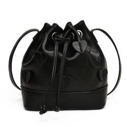 LYEAA Sweet Heart Kordelzug-Eimertasche aus PU-Leder, einfarbig, Crossbody-Tasche für Damen, Arbeit, Einkaufen, Reisen, Schwarz , 250x180x20mm/9.84x7.09x0.79inch von LYEAA