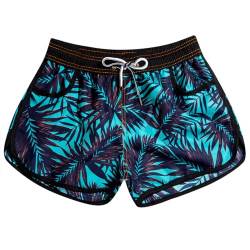 LYRIKER Badehose Damen Kurz Swim Bade Shorts Badeshorts High Waist Schwimmhose mit Taschen Dunkelblau Blätter S von LYRIKER