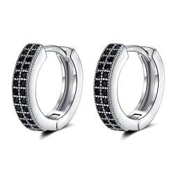 Kleine Silber Creolen Ohrringe für Damen Herren | 925 Sterling Silber Post Doppel-Reihe 5A Zirkonia Huggie Creolen Knorpel Helix Ohrringe, Piercings Schmuck (schwarz-10mm) von LYTOPTOP