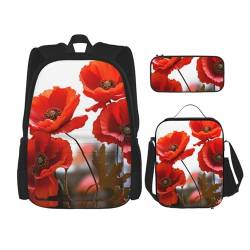 LZQPOEAS 3-teiliges Rucksack-Set mit Mohnblumen, lebhaften Blütenblättern, Laptop-Rucksack, Lunch-Tasche, Federmäppchen für Damen und Herren, Reisetasche, Schwarz, Einheitsgröße, Reiserucksäcke, von LZQPOEAS