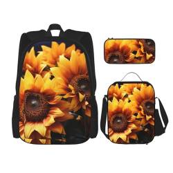 LZQPOEAS 3-teiliges Rucksack-Set mit orangefarbener Sonnenblumentapete, Laptop-Rucksack, Lunch-Tasche, Federmäppchen für Damen und Herren, Reisetasche, Schwarz, Einheitsgröße, Reiserucksäcke, Schwarz von LZQPOEAS