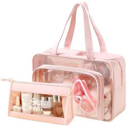 Lakpopya 2 Stück Waschtasche Kulturtasche Damen Gross, Durchsichtige Tasche Transparent Kulturbeutel Kosmetiktasche Reise Groß Damen, Toiletry Cosmetic Bag Handgepäck Tasche Für Flugzeug (Rosa) von Lakpopya