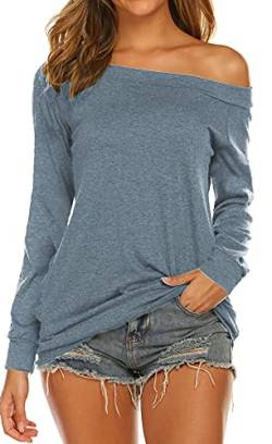 Lalala Longshirt Damen Langarm Lässig Schulterfreies Tunika Obertiele Festlich Elegant Blusen Grau Blau XL von Lalala