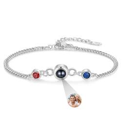 Lam Hub Fong Personalisierte Armbänder mit Bild innen für Frauen - Benutzerdefinierte Foto Armband mit 2 Birthstones für ihre Mutter Frau Freundin Paare Geschenke für Weihnachten Geburtstag (Silber) von Lam Hub Fong