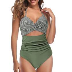 Laonajkd Damen Badeanzug Neckholder V-Ausschnitt Cross-Tie Monokini Rückenfrei Cut Out Push-up Bikini mit bedrucktem Einteiliger Bademode Bauchweg Cutouts Strandbikini für Frauen - A-grüne 42 von Laonajkd