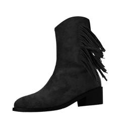 Laonajkd Oversized Retro Fringed Boots for Women, New Round Toe Thick Heeled Short Boots, Western Cowboy Boots aus Veloursleder Schnallen Schlupfstiefel Stiefelleten Flach Absatzschuhe Boots von Laonajkd