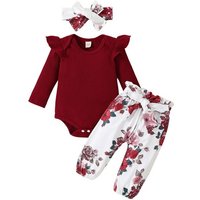 Lapastyle Shirt, Leggings & Haarband Langarm Geburtstagsanzug für Baby Mädchen, Partyanzug mit Blumendruck (Set, 3-tlg) Stilvolle klassische Farben, ein exquisites Set für alle Jahreszeiten von Lapastyle