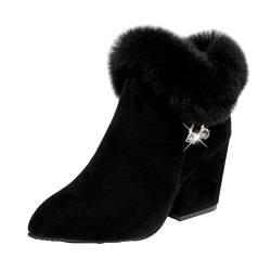 Laquieio Dicke Stiefel mit Absatz und Spitze aus warmem Wildleder, einfarbig, mit Kunstfell-Imitation, für Damen, Winter, warm, Schwarz , 39 EU von Laquieio