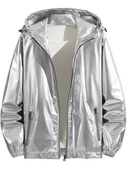 Lars Amadeus Metallic-Jacke für Herren, fester Reißverschluss, glitzernd, holografischer Windbreaker mit Kapuze, silber, M von Lars Amadeus