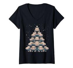 Damen Baby Nilpferd Weihnachtsbaum Xmas Nilpferd für Kinder Frauen T-Shirt mit V-Ausschnitt von Last Minute Christmas Hippopotamus Lovers