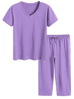Latuza Damen Baumwolle Pyjama Set Tops und Caprihose Nachtwäsche, Violett, 4XL Große Größen von Latuza