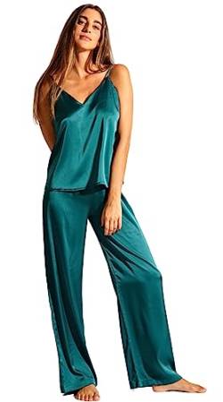 Laura in - Damen-Kleidungsset Satin-Seidenpyjama für Damen 2-teilig einfarbig Satin-Schlafanzug Top-Shirt und langen Hosen-1603GrünS von Laura in