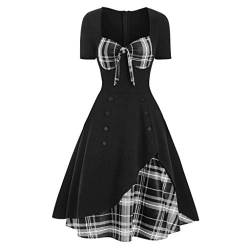 Lazzboy Cocktailkleid Frauen Kurzarm Plaid Panel Fliege Vintage Rockabilly Style A Line Kleid 1950er Retro V-Ausschnitt Faltenrock(Grau,L) von Lazzboy