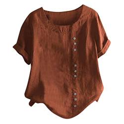 Lazzboy Damen Casual Loose Button Plus Size Täglich Boho Tanic T-Shirt Bluse Tops Sommer Einfarbig Kurzarm Tunika Blusen Leicht Asymmetrisch Shirt(Braun,L) von Lazzboy