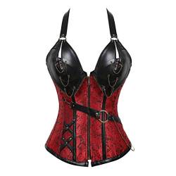 Lazzboy Frauen Steampunk Leder Reißverschluss Goth Stahl Vintage Top Bustiers Korsetts Damen Gothic Korsett Schlankheits Vollbrust Bauchweg Underbrust Corsage(Rot,M) von Lazzboy