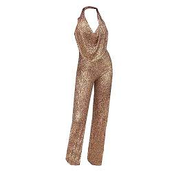 Lazzboy Hosenanzug Damen Festlich Elegant Anzug Sommer Overall Dame Ärmellose Neckholder Pailletten Hosen Frauen Strampler Hochzeit Jumpsuit Ärmellos V-Ausschnitt Party (Gold,XL) von Lazzboy