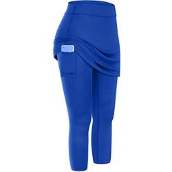 Lazzboy Leggings Damen High Waist Frauen Tennis Rock Taschen Elastic Sports Yoga Capris Röcke Legging Mit Knöchellange Engen Bescheiden Lauf Skort Hockey Hose 2 In 1 (Blau,2XL) von Lazzboy