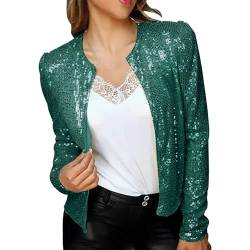 Lazzboy Pailletten Blazer Damen Glitzer Jacke Cardigan Langarm Party Club Tailliert Anzugjacke Outfits Clubwear Offene Festlich Bolero Glänzend Karneval Fasching Kostüm (Grün,XXL) von Lazzboy