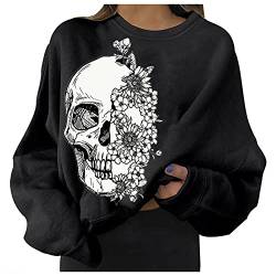 Lazzboy Sweatshirt Damen Oversized Halloween Totenkopf Druck Pullover Langarm Bedruckte Sweatshirts Für Lockerer Rundhalsausschnitt Langärmeliges Herbst Und Winter (Schwarz-Blume,XXL) von Lazzboy