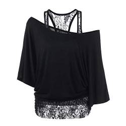 Lazzboy Tops Frauen Plus Size Lace Loose Casual Langarm Bluse Shirt Damen Fledermaus Batwing Tunika T-Shirt Top Kurzarm Rundkragen Sommer Fit Blusen & Tuniken (Schwarz,XL) von Lazzboy