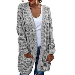 Strickjacke Damen Lang Open Front Grobstrick Strick Cardigan Langarm Strickjacken Mit Knöpfe Und Taschen Grobstrickjacke Winter Herbst Knit Offener Strickmäntel Wintermäntel Mantel (Grau,L) von Lazzboy