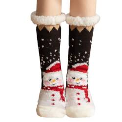 Ldabrye Weihnachtssocken mit Schneemann-Lebkuchenmuster, flauschige Socken für Damen, Fleece-gefüttert, rutschfeste Hausschuhsocken, Schlafsocken mit Griffen, Schwarzer Schneemann, Einheitsgröße von Ldabrye