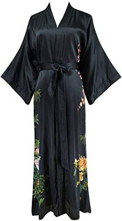 Ledamon Damen Seide Kimono Robe Bademantel, 100% Seide - klassische Floral Morgenmantel Nachthemd (Schwarz 2) von Ledamon