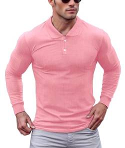 Lehmanlin Poloshirt Herren Langarm Geripptes T Shirts Männer Hemd Herren Elastizität Slim Fit Casual Golf Tops (Rosa/XS) von Lehmanlin