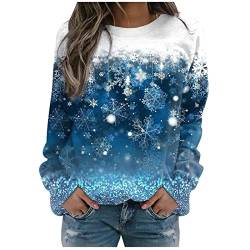 Lemoiitea Weihnachten Basic Print Sweatshirts für Frauen Mode Rundhals Langarm Tops Schneeflocke Gedruckt Pullover Bluse Casual Printing Sweatshirts Damen Herbst Winter Tops, blau, 42 von Lemoiitea