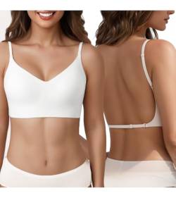 Lemorosy Damen Rückenfrei Nahtloser BH Komfort V Ausschnitt BH Ohne Bügel Push Up Seamless Bra Invisible Unterwäsche mit Abnehmbaren Trägern(Weiß,L) von Lemorosy