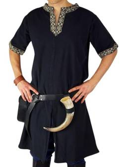 Leonardo Carbone® Kurzarm Tunika Richard - Mittelalter Kleidung Herren, Mittelalter Hemd, Freizeithemden Kurzarm, Karneval Kostüm Herren, Wikinger Tunika, LARP Kleidung - 100% Baumwolle Schwarz 4XL von Leonardo Carbone